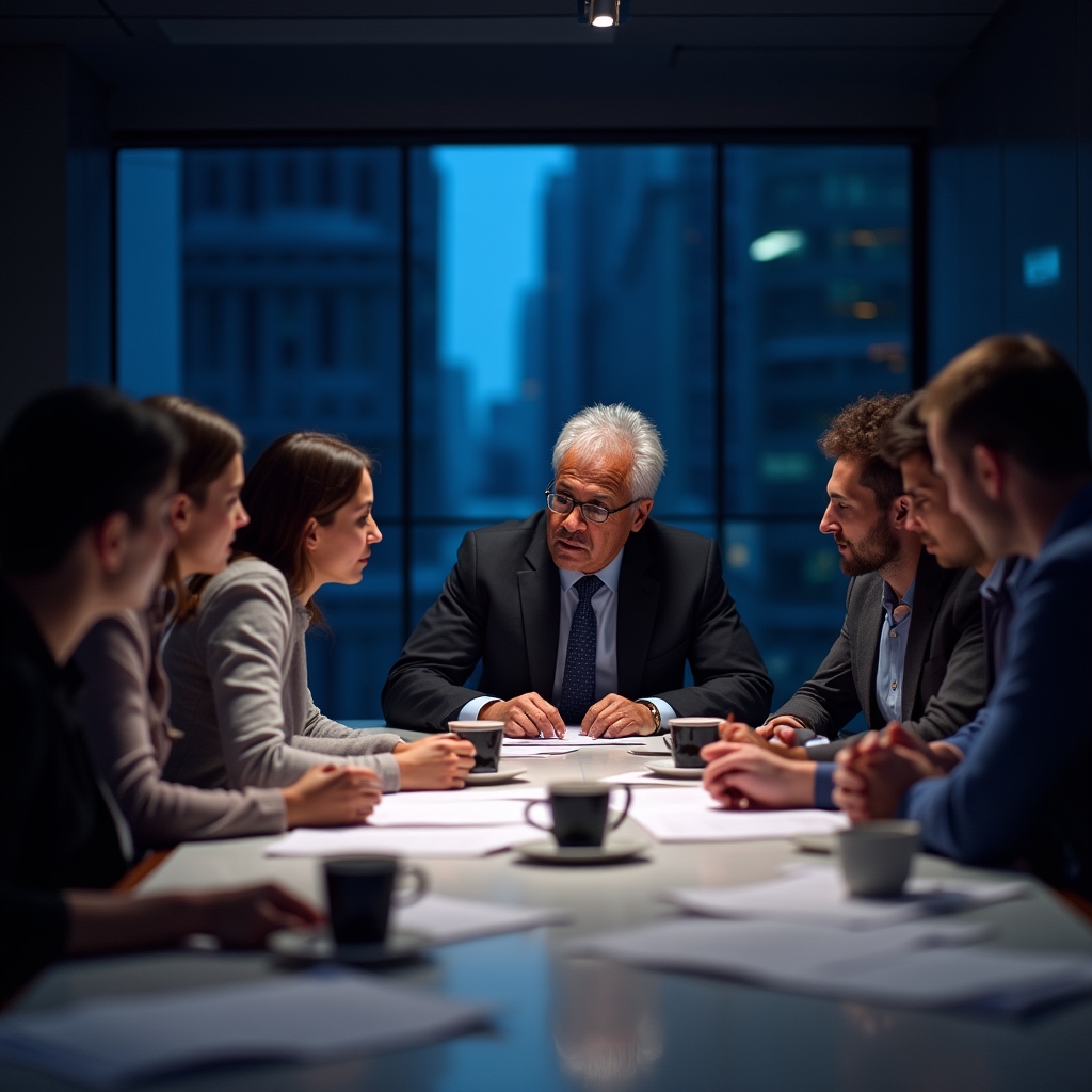 Leadership team reviewing draft promotion criteria around a conference table