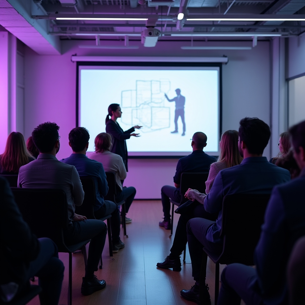 Company all-hands meeting where a new promotion framework is being presented to employees